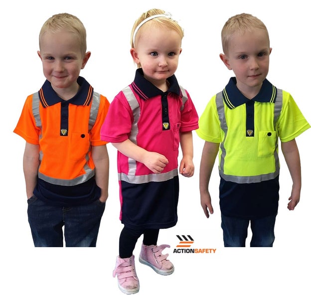 Caution Hi-Vis Childrens Microfibre Polo - Orange, Yellow, Pink - Sizes 2-14 Carousel 1