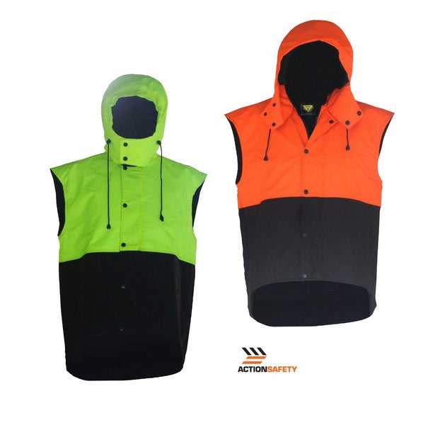 Caution Hooded Oilskin D/O Sleeveless Vest - Orange or Yellow - Sizes S to 7XL Carousel 1