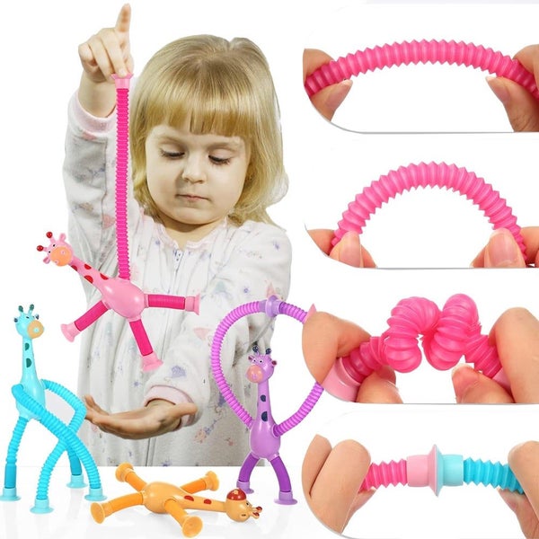 4 Pieces Telescopic Stretchy Giraffe Suction Toy Tube Shape Changing Fidget Bloc Carousel 4