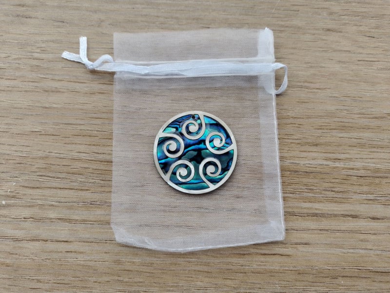 35mm Handcrafted Paua Necklace • White Mother-of-Pearl Koru Wave • FREE Gift Bag Carousel 1