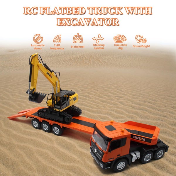 RC Semi Truck & Excavator Toy Set 2.4Ghz Remote Control Flatbed Truck Carousel 2