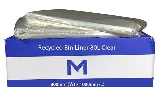 80L Clear Recycled Bin Liners x 250's pack (800mm x 1000mm x 40mu) Carousel 1