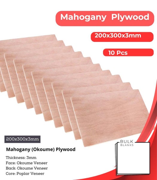 Bulk Blanks- Mahogany (Okoume) Plywood 3mm Sheets 300x200mm for Laser 10 pcs Carousel 1