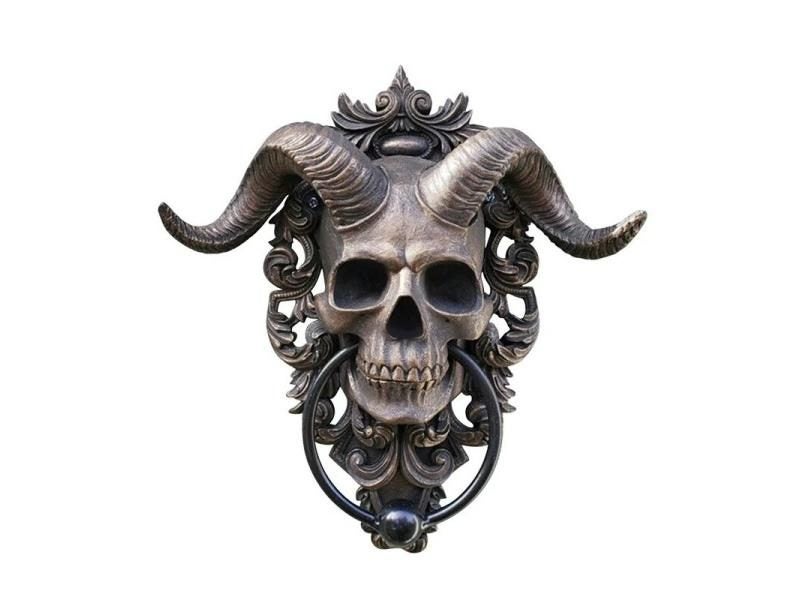 Hell Demon Horned Skull Door Knocker Retro Skeleton Head Gothic Resin Stant Carousel 2