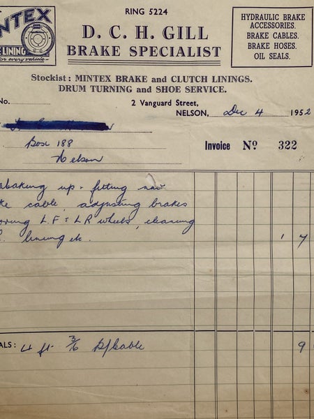 VINTAGE INVOICE: D.C.H. Gill, Nelson – Brake Specialist 1952 Carousel 1