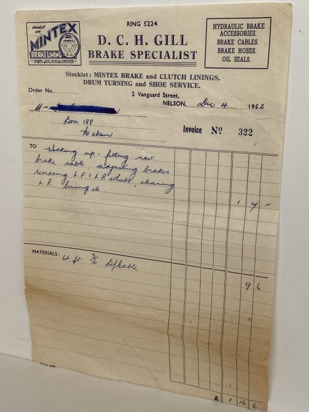 VINTAGE INVOICE: D.C.H. Gill, Nelson – Brake Specialist 1952 Carousel 2