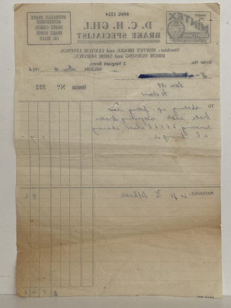 VINTAGE INVOICE: D.C.H. Gill, Nelson – Brake Specialist 1952 Carousel 3