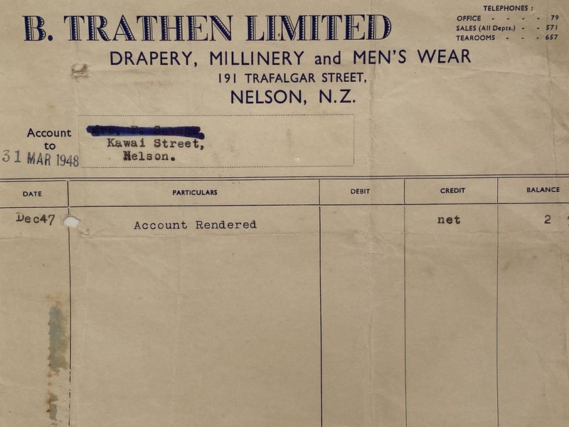 VINTAGE INVOICE: B. Trathen Limited, Nelson – Drapery, Millinery, Mens Wear 1948 Carousel 1