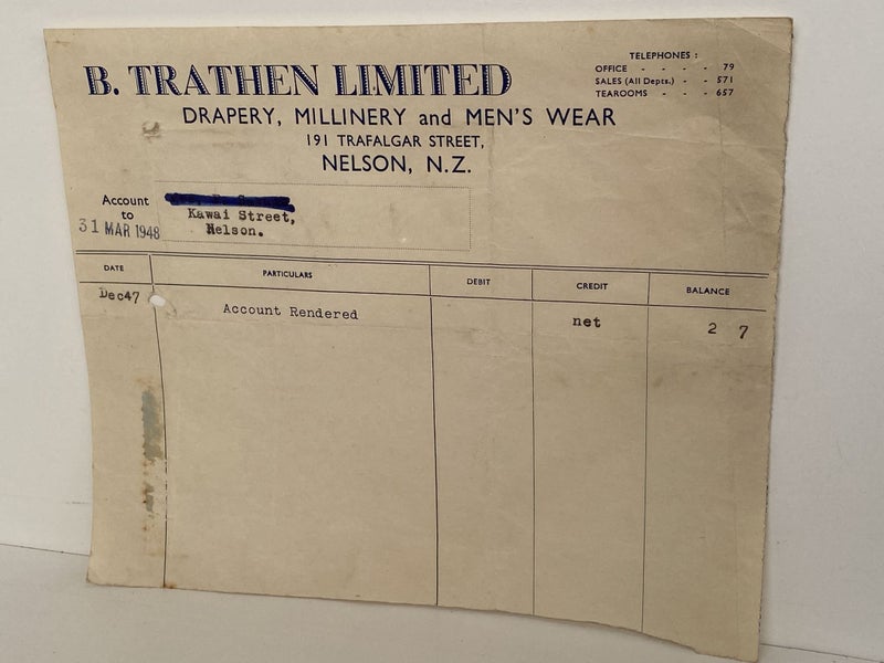VINTAGE INVOICE: B. Trathen Limited, Nelson – Drapery, Millinery, Mens Wear 1948 Carousel 2