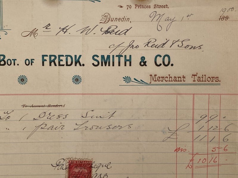 ANTIQUE INVOICE: Fredk. Smith & Co, Dunedin – Merchant Tailors 1900 (124yo) Carousel 1