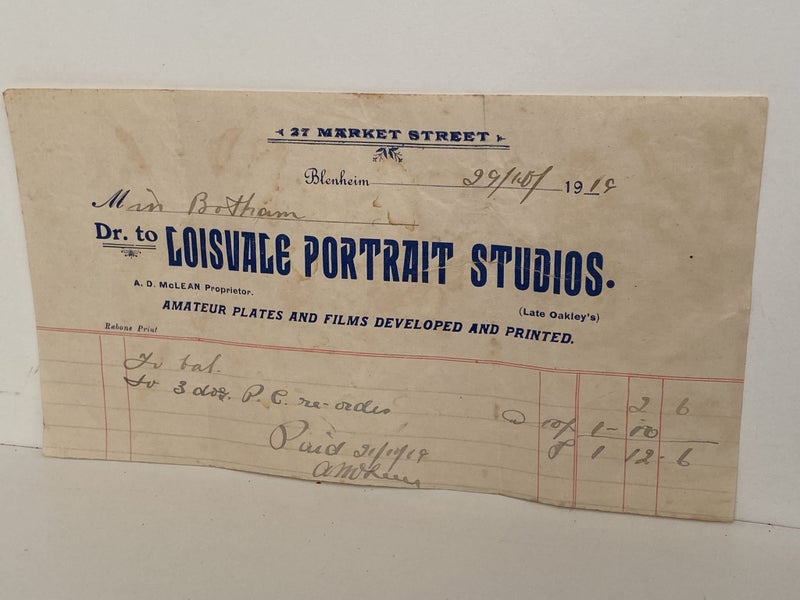 ANTIQUE INVOICE: Loisvale Portrait Studios, Blenheim 1919 (104 yo) Carousel 2