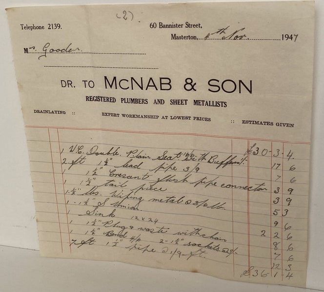 VINTAGE INVOICE: McNab & Son, Masterton – Plumbers & Sheet Metal 1947 Carousel 2
