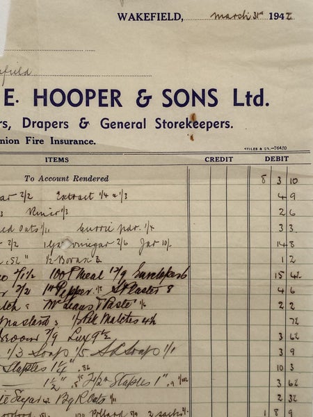 VINTAGE INVOICE: E. Hooper & Sons Ltd. Wakefield – Grocers 1942 Carousel 1