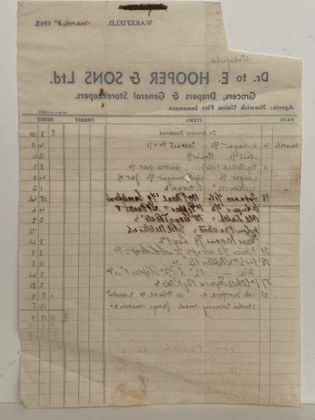 VINTAGE INVOICE: E. Hooper & Sons Ltd. Wakefield – Grocers 1942 Carousel 3