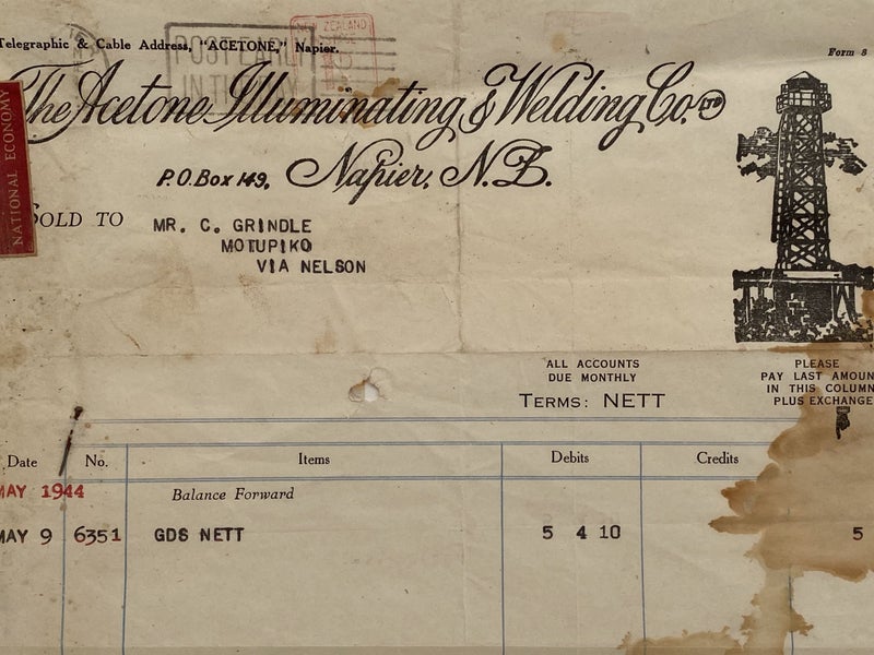 VINTAGE INVOICE: The Acetone Illuminating & Welding Co. Napier 1944 Carousel 1