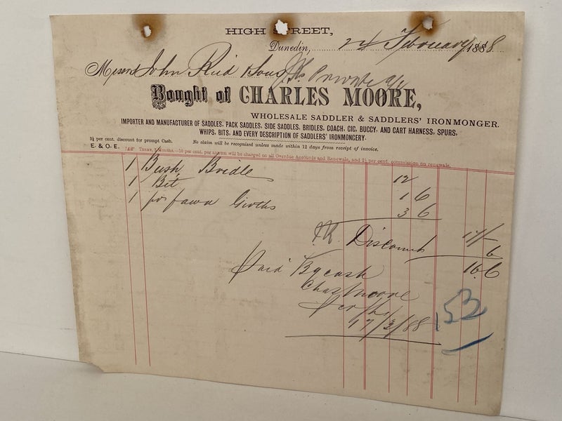 ANTIQUE INVOICE: Charles Moore, Dunedin – Wholesale Saddler 1888 (136yo) Carousel 2
