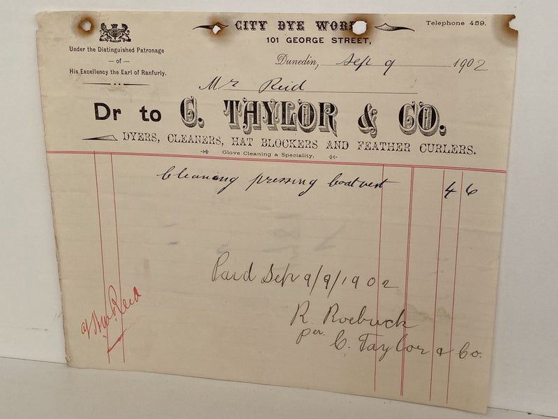 ANTIQUE INVOICE: C. Taylor & Co. Dunedin – Dyers, Cleaners 1902 (122yo) Carousel 2