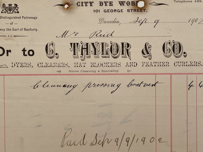 ANTIQUE INVOICE: C. Taylor & Co. Dunedin – Dyers, Cleaners 1902 (122yo) Carousel 1