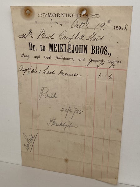 ANTIQUE INVOICE: Meiklejohn Bros. – Wood & Coal Merchants 1895 (129yo) Carousel 2