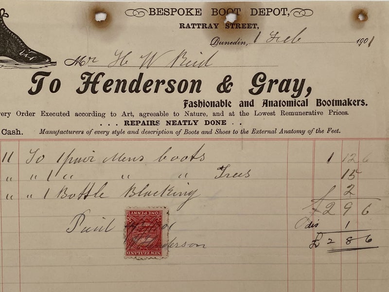 ANTIQUE INVOICE: Henderson & Gray, Dunedin – Bootmakers 1901 (123 yo) Carousel 1
