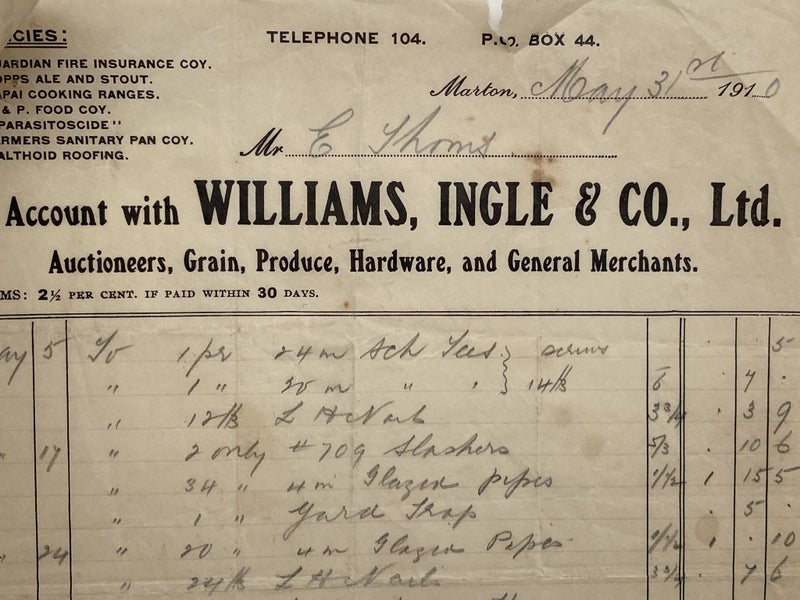 ANTIQUE INVOICE: Williams, Ingle & Co. Ltd, Marton - Merchants 1910 (114 yo) Carousel 1