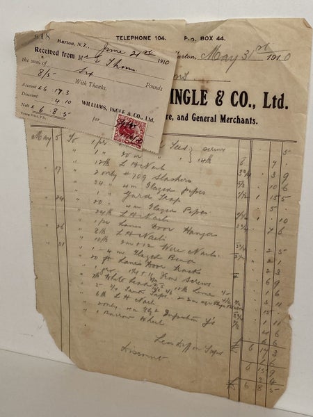 ANTIQUE INVOICE: Williams, Ingle & Co. Ltd, Marton - Merchants 1910 (114 yo) Carousel 2
