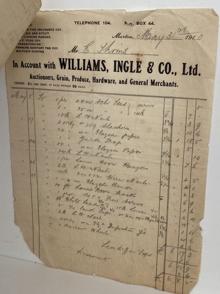 ANTIQUE INVOICE: Williams, Ingle & Co. Ltd, Marton - Merchants 1910 (114 yo) Carousel 3