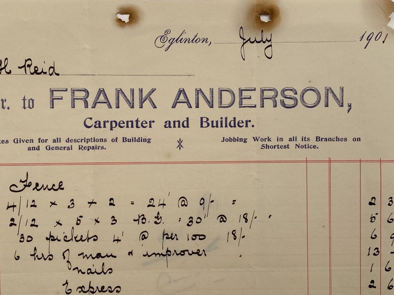 ANTIQUE INVOICE: Frank Anderson, Eglinton – Carpenter and Builder 1901 (123yo) Carousel 1