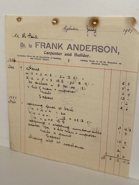 ANTIQUE INVOICE: Frank Anderson, Eglinton – Carpenter and Builder 1901 (123yo) Carousel 2