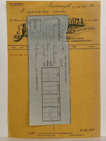 VINTAGE INVOICE / RECEIPT: J. M. Brown Ltd, Invercargill – Merchants 1934 Carousel 2