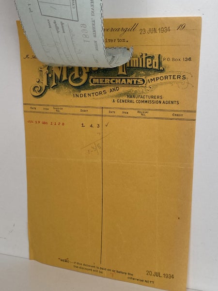 VINTAGE INVOICE / RECEIPT: J. M. Brown Ltd, Invercargill – Merchants 1934 Carousel 3