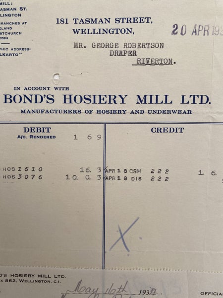 VINTAGE INVOICE: Bond’s Hosiery Mill Ltd, Wellington - Hosiery 1934 Carousel 1