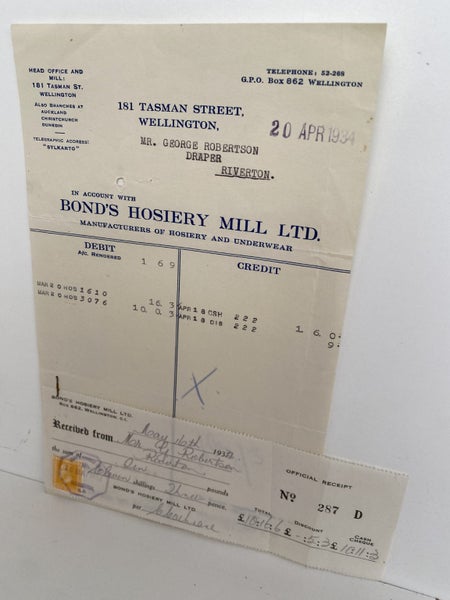 VINTAGE INVOICE: Bond’s Hosiery Mill Ltd, Wellington - Hosiery 1934 Carousel 2