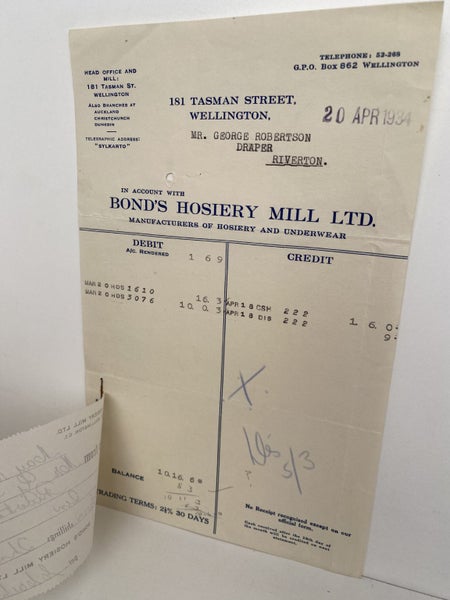 VINTAGE INVOICE: Bond’s Hosiery Mill Ltd, Wellington - Hosiery 1934 Carousel 3