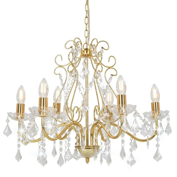 vidaXL Chandelier with Crystal Beads Golden Round 6 x E14 Carousel 1