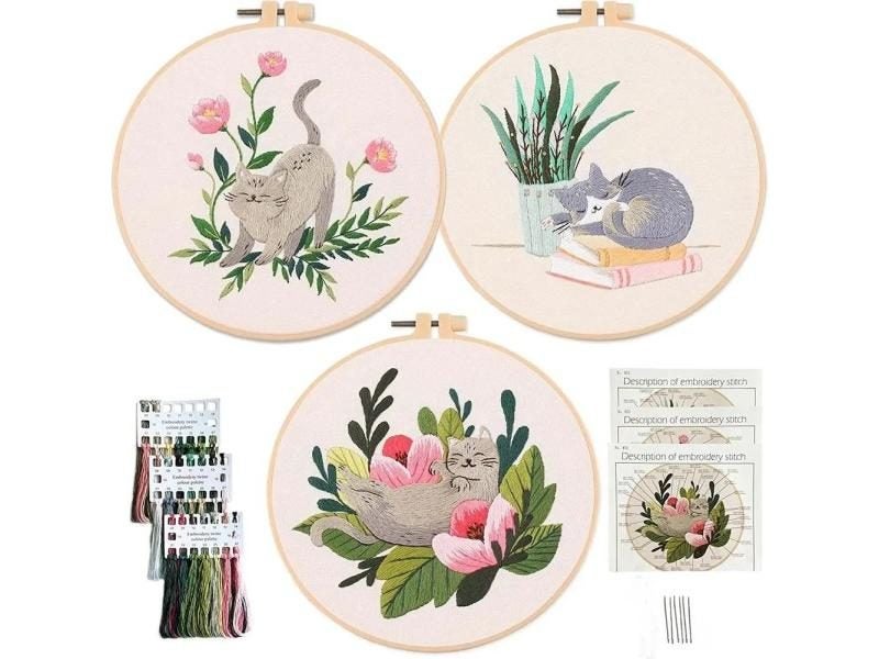 Diy Cat Embroidery Starter Kit Racks Frame With Embroidery Hoops Threads Carousel 2
