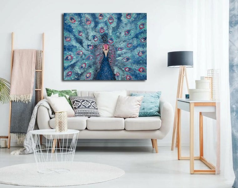 1 PANEL FREE SHIPPING - Large Canvas Art Print - a Blue and Pink Peacock Carousel 1