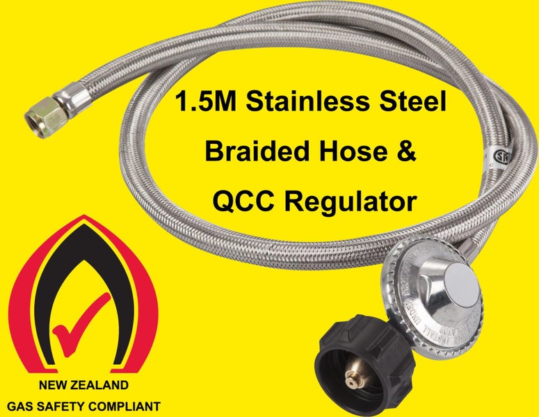 LPG QCC Gas Regulator with 1.5m Stainless Steel Braided Hose 1/4" Swivel Nut Carousel 1