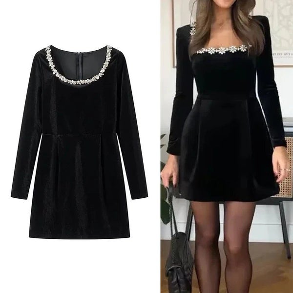 Women Vintage Black Short Dresses Woman Long Sleeve French Elegant Carousel 2