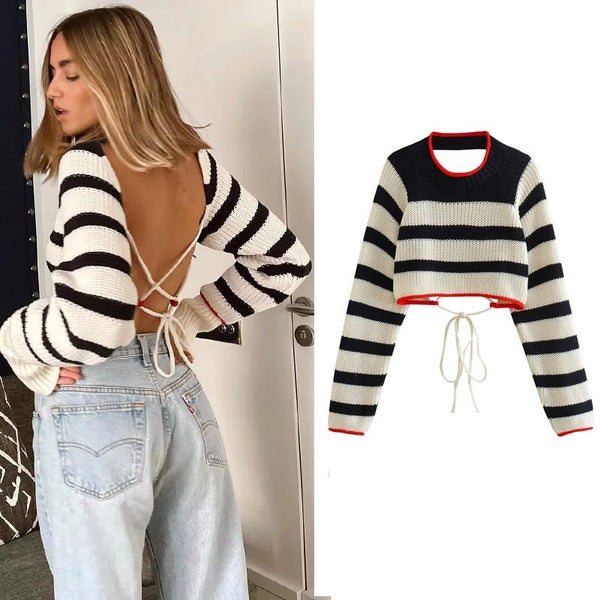 Women's Cropped Sweaters Knit Striped Sweater Pullovers Autumn Carousel 2