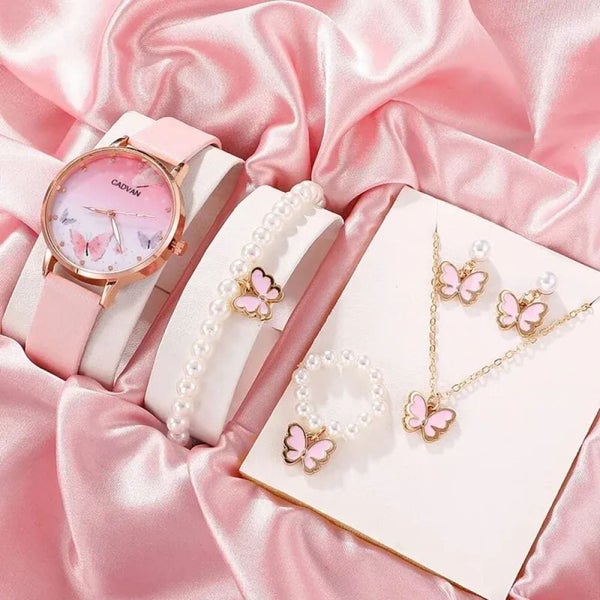 6pcs Set Womens Quartz Watch with Pink Butterfly Dial Luxury Brand Design Lea... Carousel 1