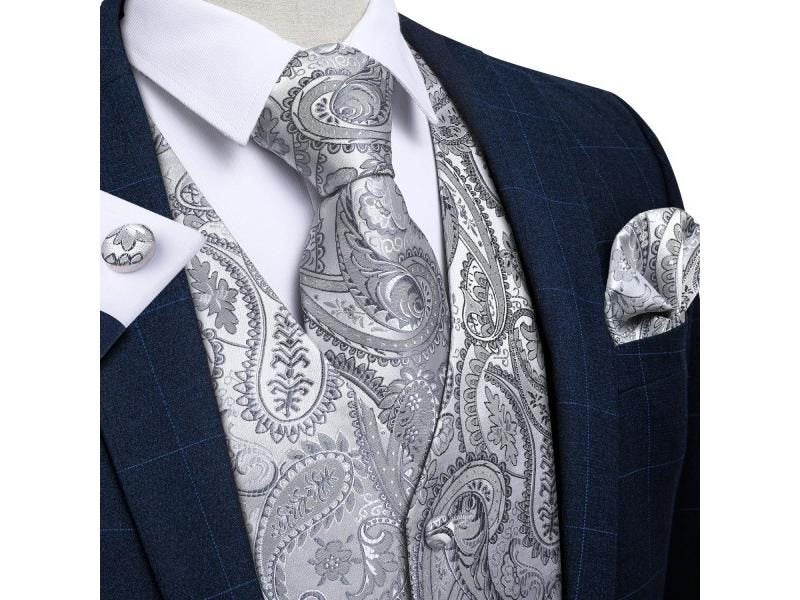 Mens Classic Silver Paisley Silk Waistcoat Vest Suit Vest Set Carousel 1