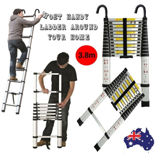 3.8m Alloy Aluminium Ladder Telescopic Extension Ladder Drywall w/ Hooks Carousel 2