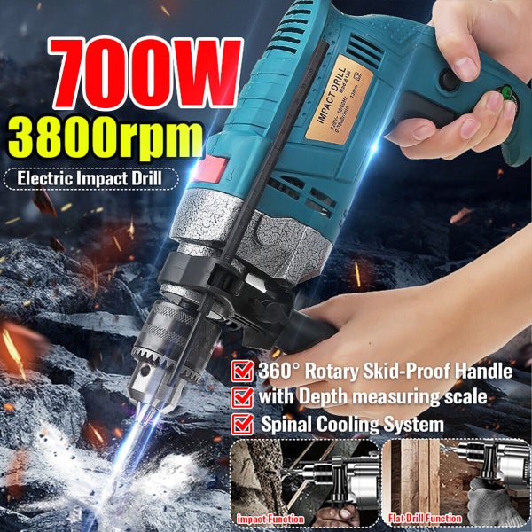 700W Cord Electric Impact Hammer Power Flat Drill 13mm Keyless Reverse Carousel 2