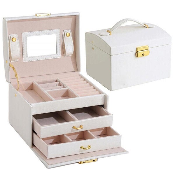 Jewellery Box w/ Mirror Girl 2 Drawer Organiser Ring Earring Storage Lock Case Carousel 1