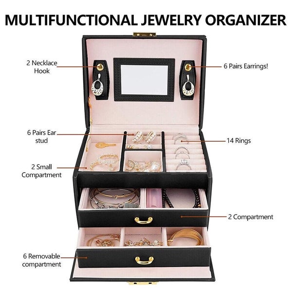 Jewellery Box w/ Mirror Girl 2 Drawer Organiser Ring Earring Storage Lock Case Carousel 2