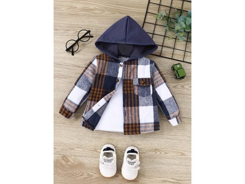 Autumn Winter Baby Boy Plaid Jacket Outdoor Casual Fashion Warm Hooded Pocket Carousel 1
