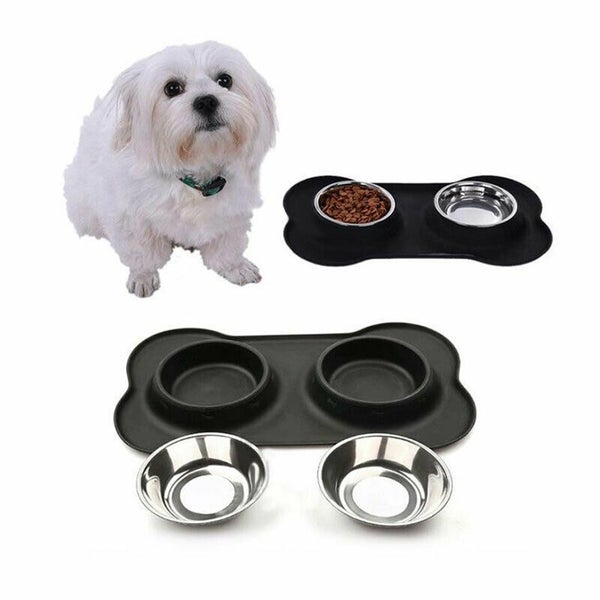 Dog Bowls Double Stainless Steel Pet Bowls No-Spill Silicone NEW Carousel 1