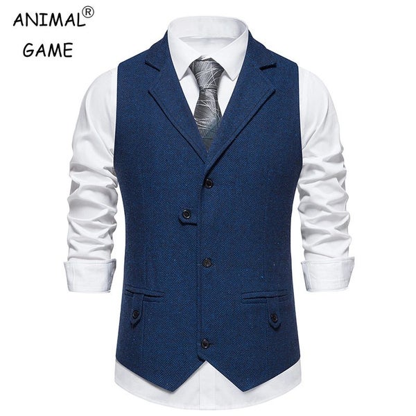New Suit Vest for Men Herringbone Tweed Suit Vest Business Formal Carousel 2