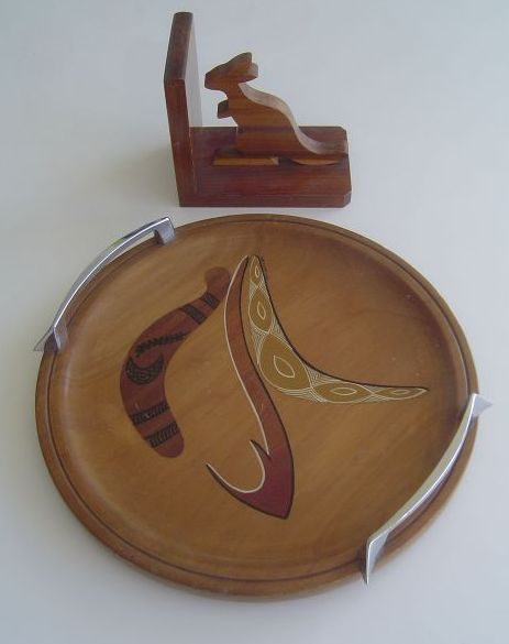Mid Century Australian Wood Ware Tray and Bookend Carousel 1